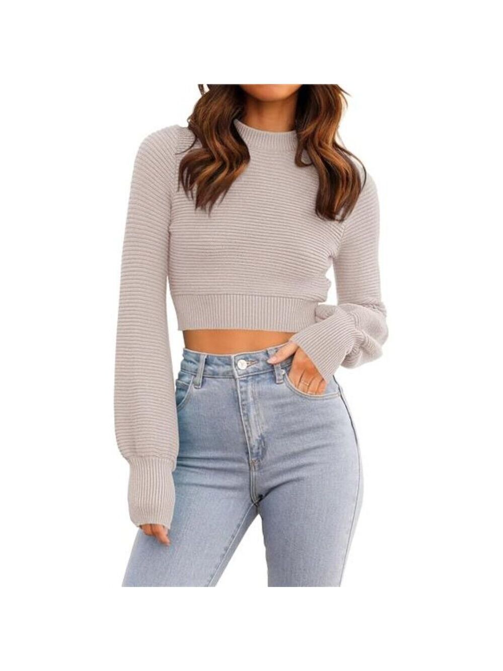 Womens Cropped Sweater Long Sleeve Mock Neck Ribbed Knit Pullover Fall Winter To